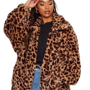 PrettyLittleThing Leopard Faux Fur Oversized Jacket NWT Cozy Soft Womens Small